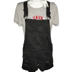 Blue Splice Black Denim Cut-Off Overalls Shorts